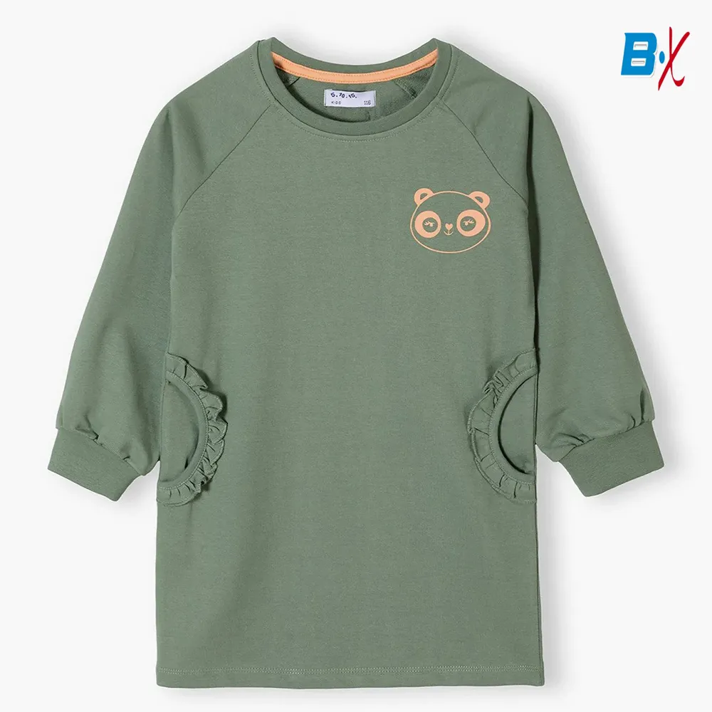 5.10.15 Panda Print Side Pocket Dull Green Long Sweatshirt 12823