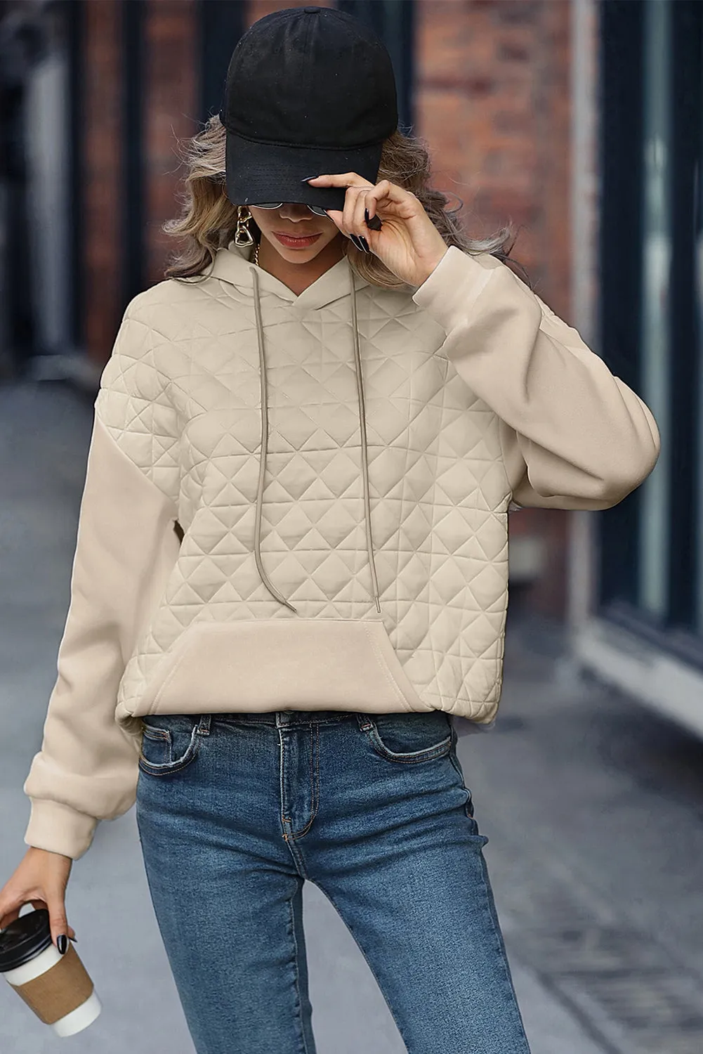 Apricot Drop Shoulder Kangaroo Pocket Patchwork Quilted Hoodie