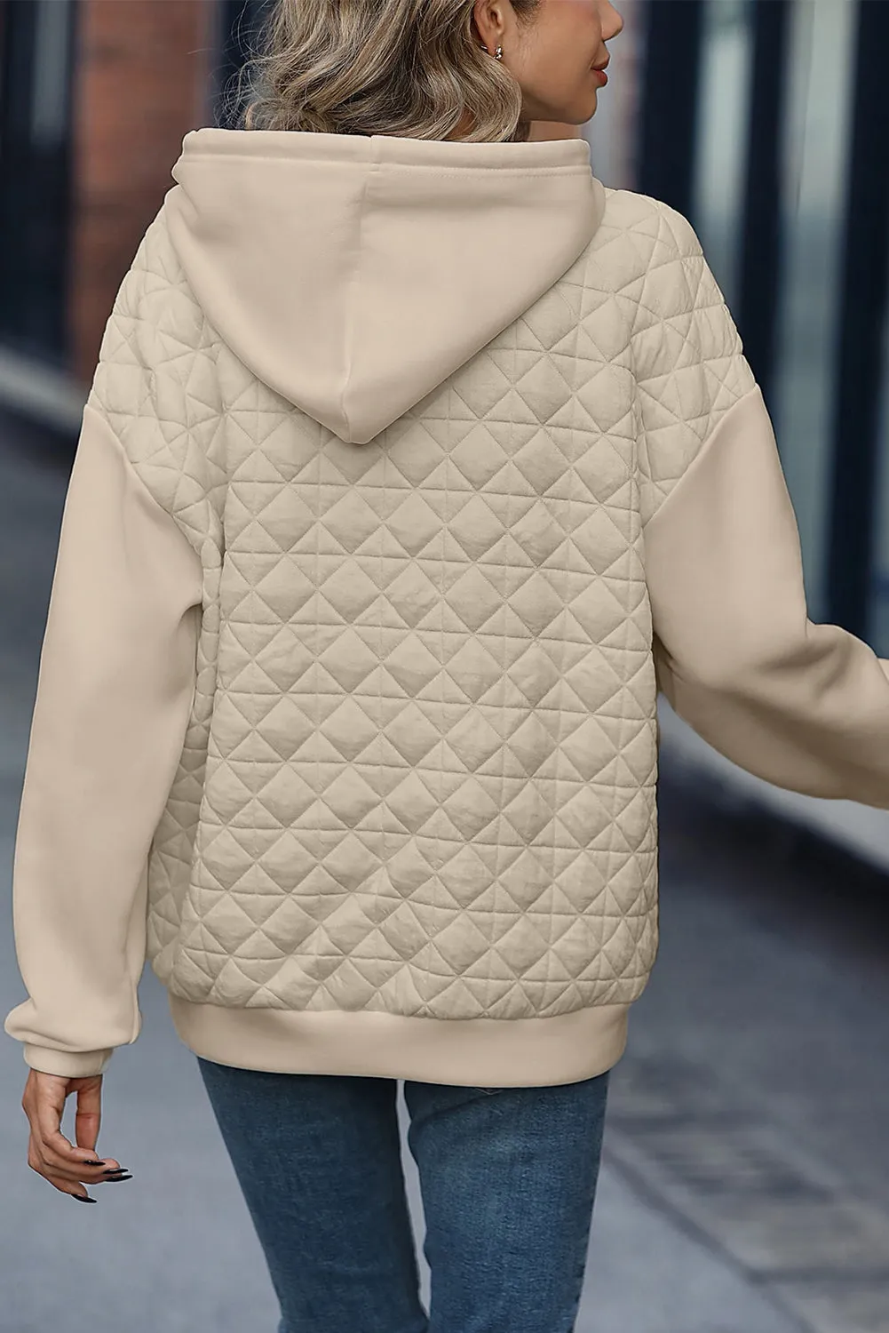 Apricot Drop Shoulder Kangaroo Pocket Patchwork Quilted Hoodie