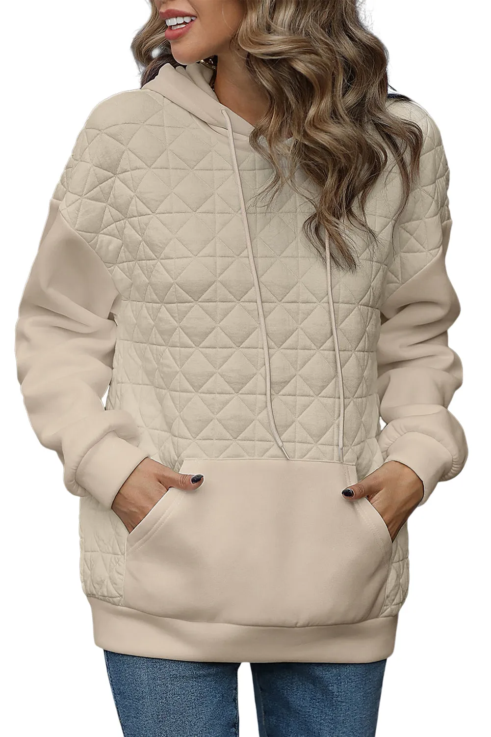 Apricot Drop Shoulder Kangaroo Pocket Patchwork Quilted Hoodie