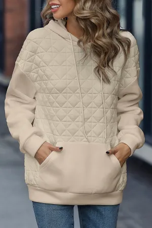 Apricot Drop Shoulder Kangaroo Pocket Patchwork Quilted Hoodie