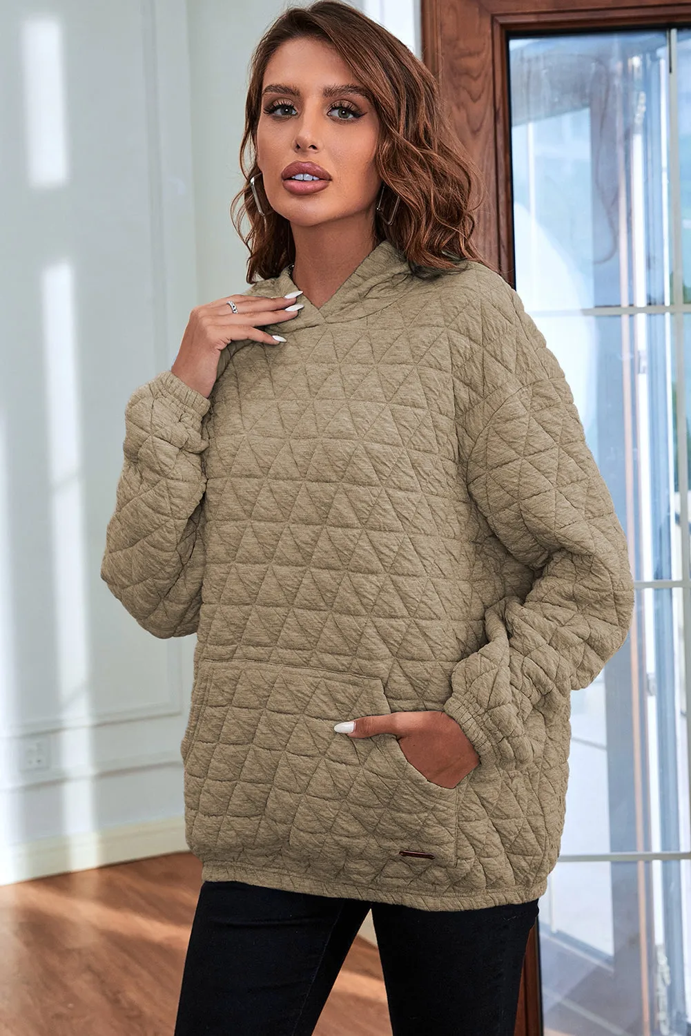 Apricot khaki Quilted Kangaroo Pocket Hoodie