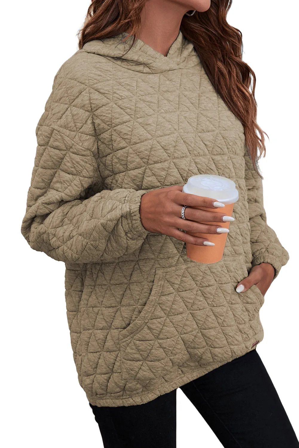 Apricot khaki Quilted Kangaroo Pocket Hoodie