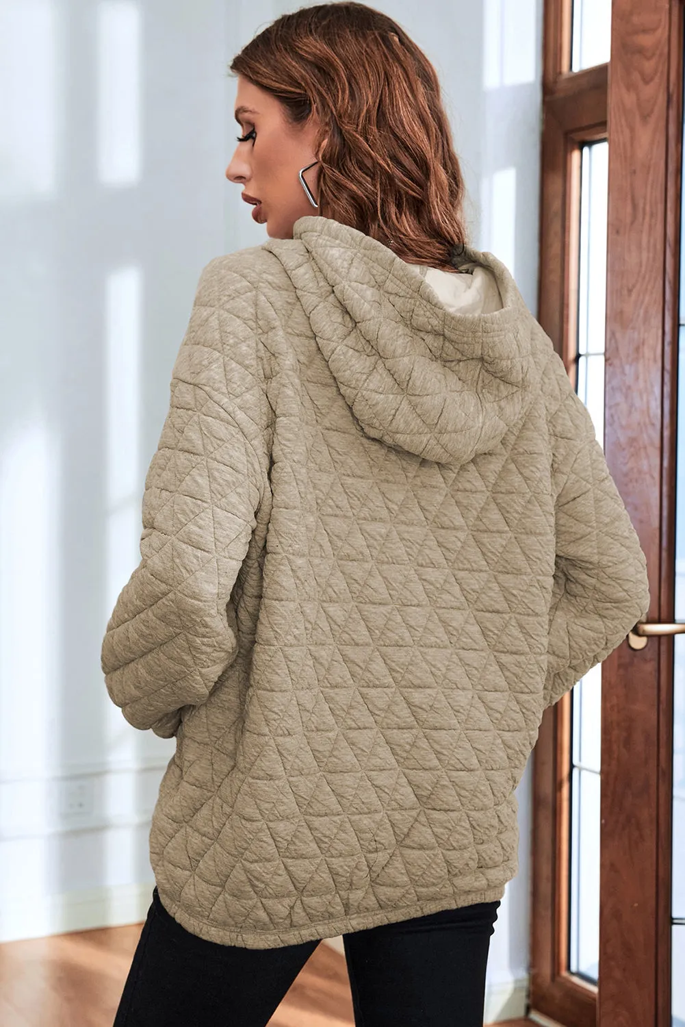 Apricot khaki Quilted Kangaroo Pocket Hoodie