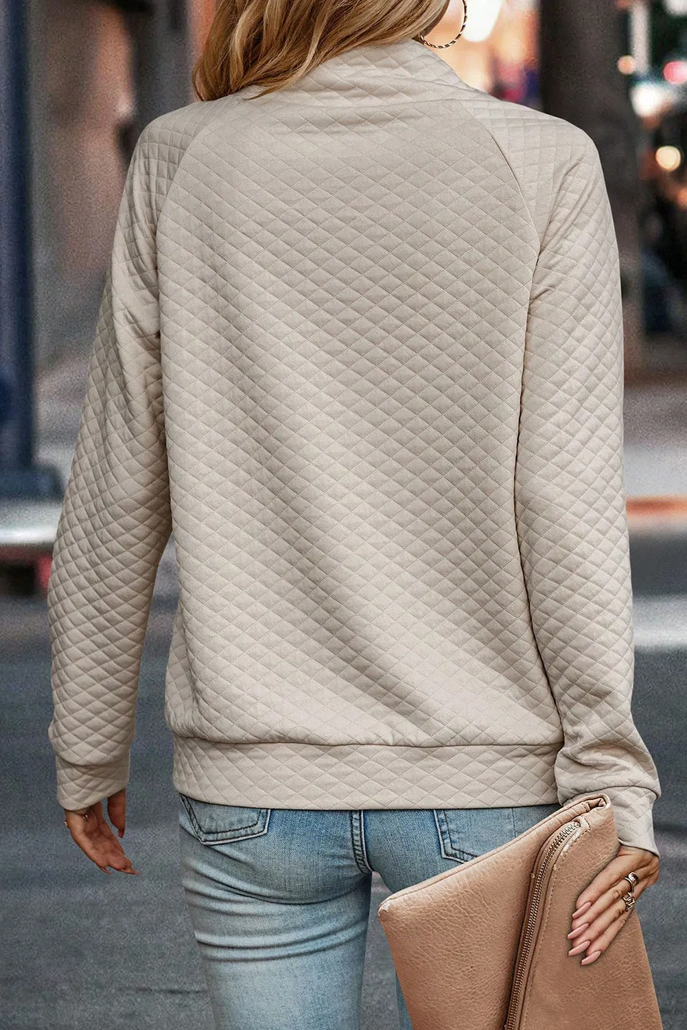 Apricot Quilted Buttoned Round Neck Pullover Sweatshirt