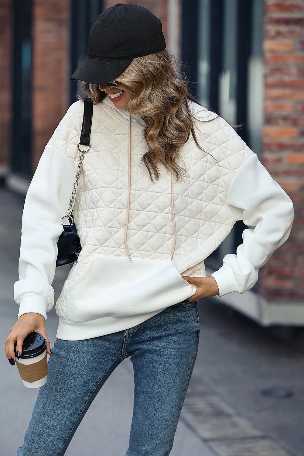 Beige Drop Shoulder Kangaroo Pocket Patchwork Quilted Hoodie