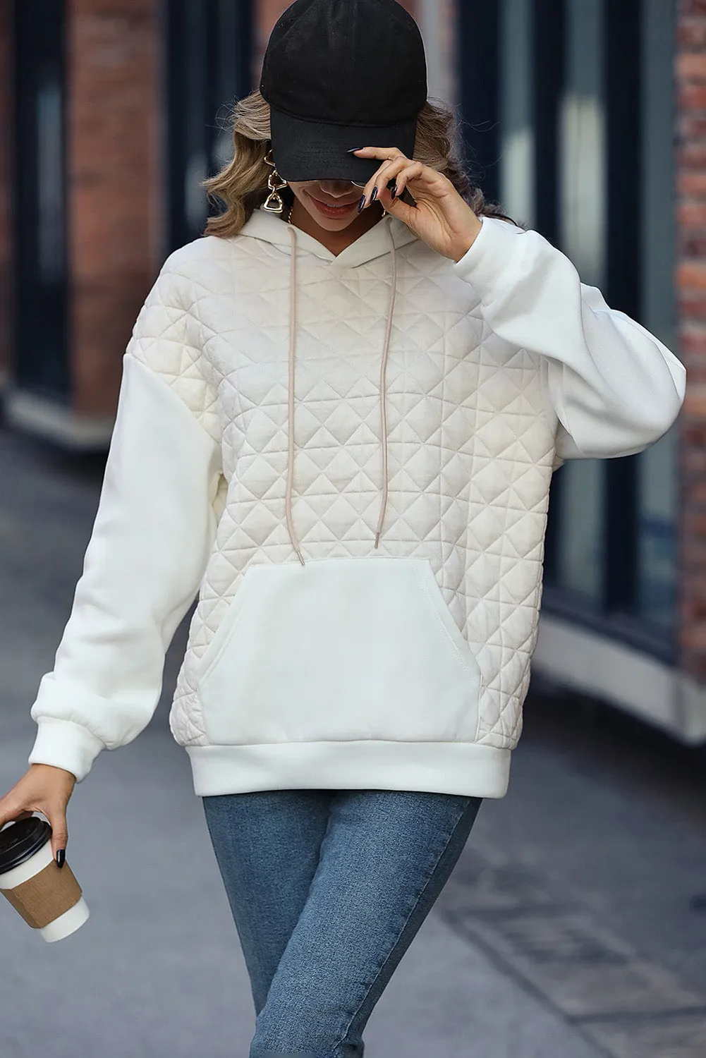 Beige Drop Shoulder Kangaroo Pocket Patchwork Quilted Hoodie