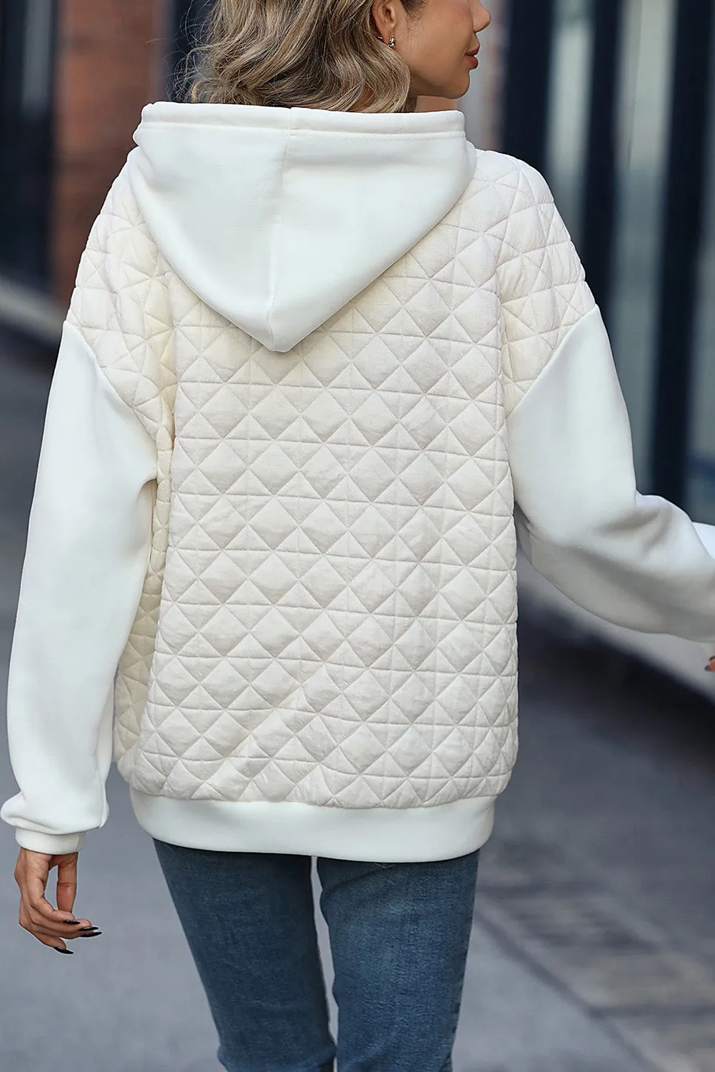 Beige Drop Shoulder Kangaroo Pocket Patchwork Quilted Hoodie