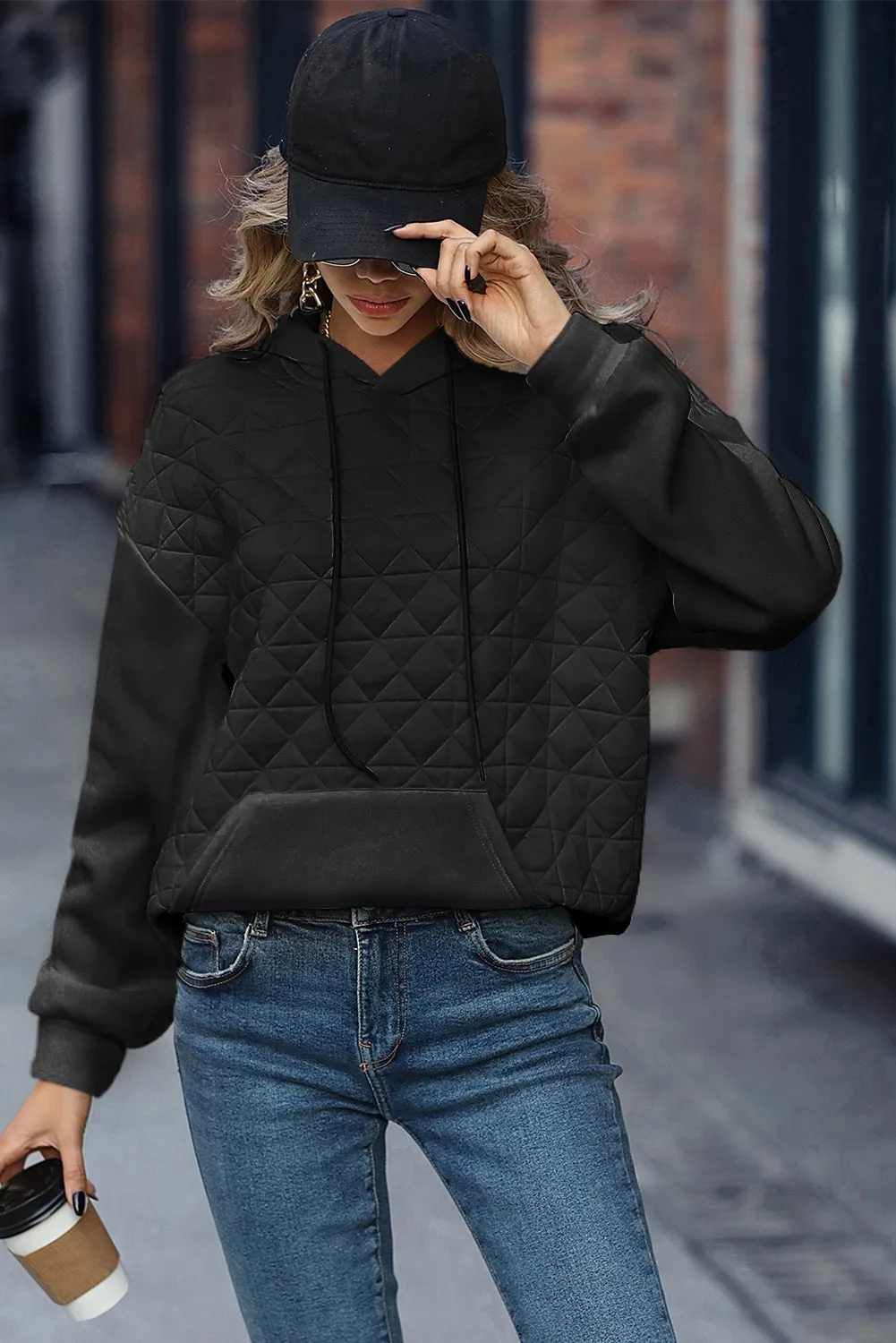 Black Drop Shoulder Kangaroo Pocket Patchwork Quilted Hoodie