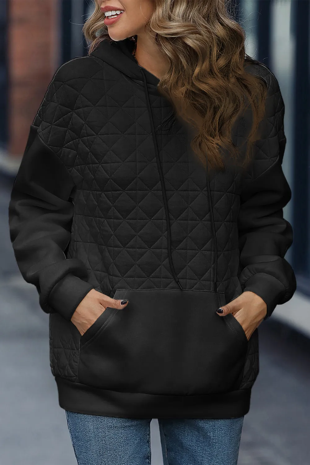 Black Drop Shoulder Kangaroo Pocket Patchwork Quilted Hoodie