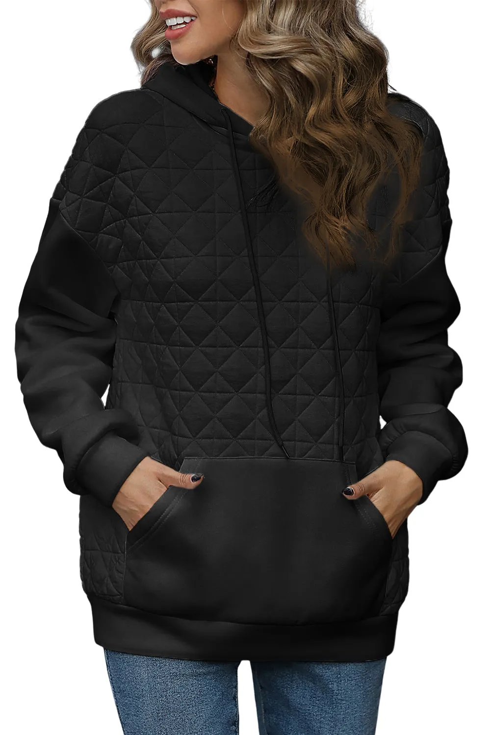 Black Drop Shoulder Kangaroo Pocket Patchwork Quilted Hoodie