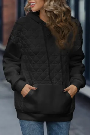 Black Drop Shoulder Kangaroo Pocket Patchwork Quilted Hoodie
