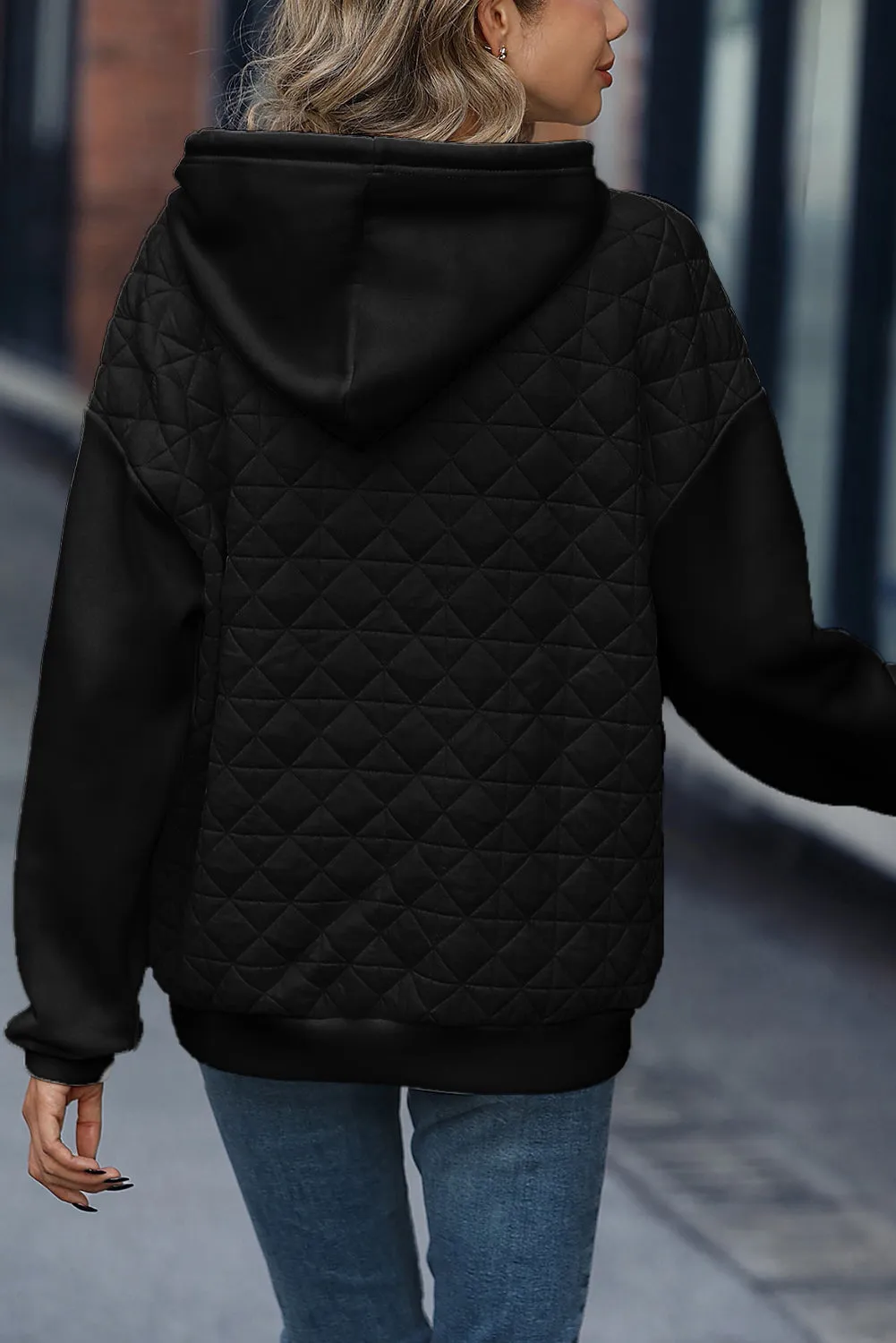 Black Drop Shoulder Kangaroo Pocket Patchwork Quilted Hoodie