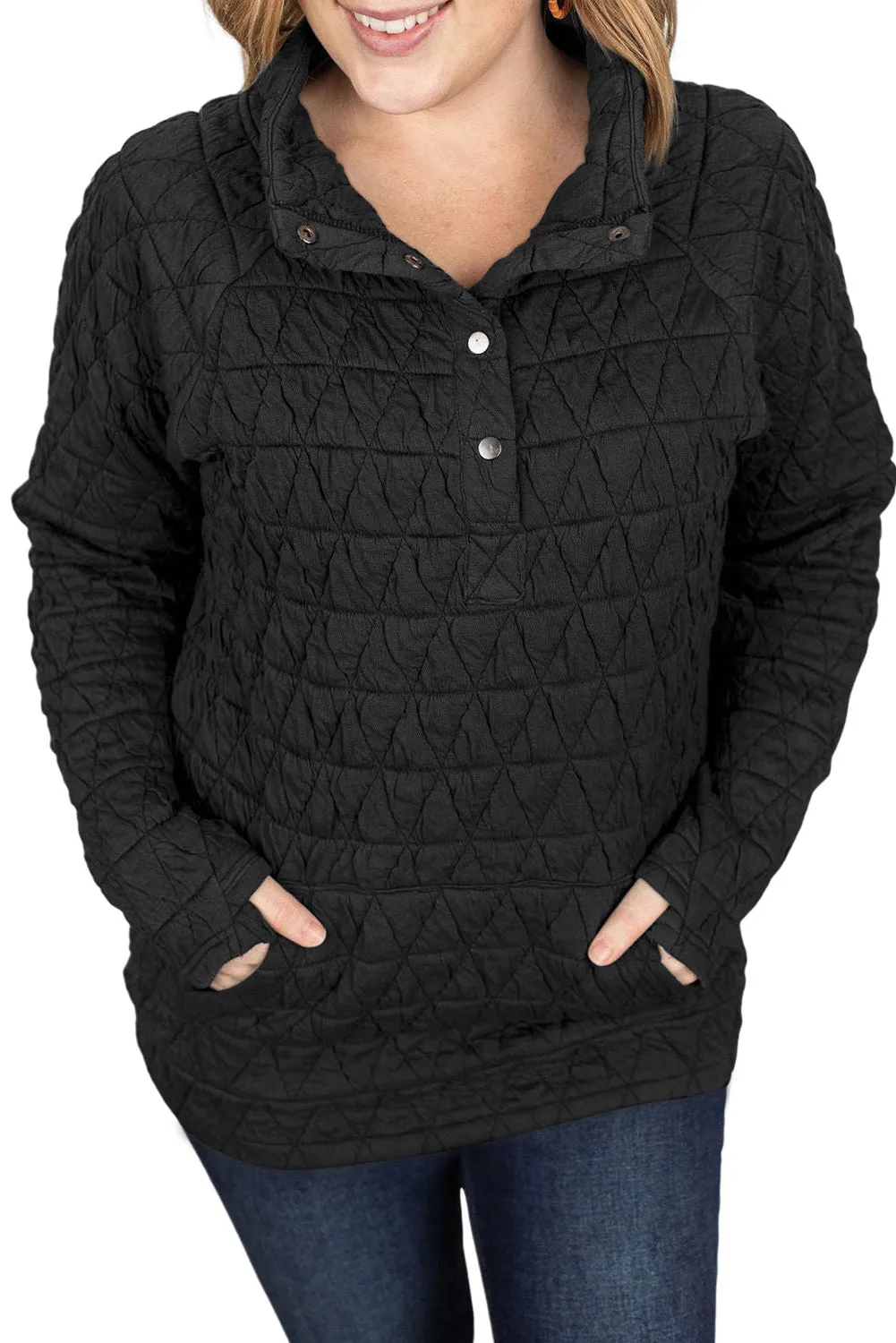 Black Quilted Button High Neck Thumbhole Sleeve Sweatshirt