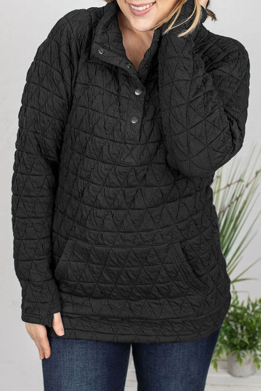 Black Quilted Button High Neck Thumbhole Sleeve Sweatshirt