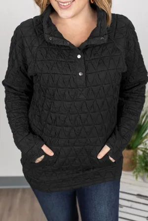 Black Quilted Button High Neck Thumbhole Sleeve Sweatshirt