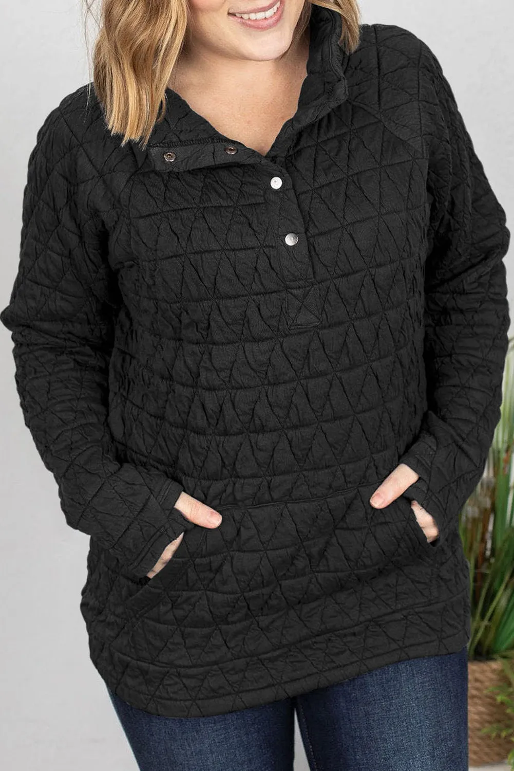 Black Quilted Button High Neck Thumbhole Sleeve Sweatshirt