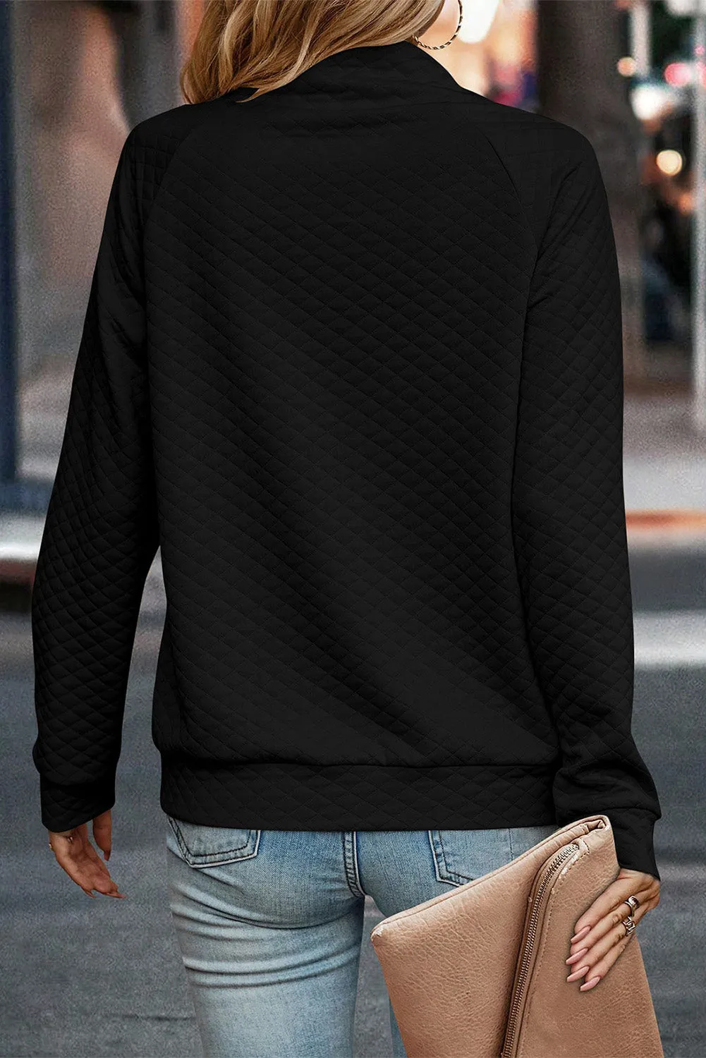 Black Quilted Buttoned Round Neck Pullover Sweatshirt