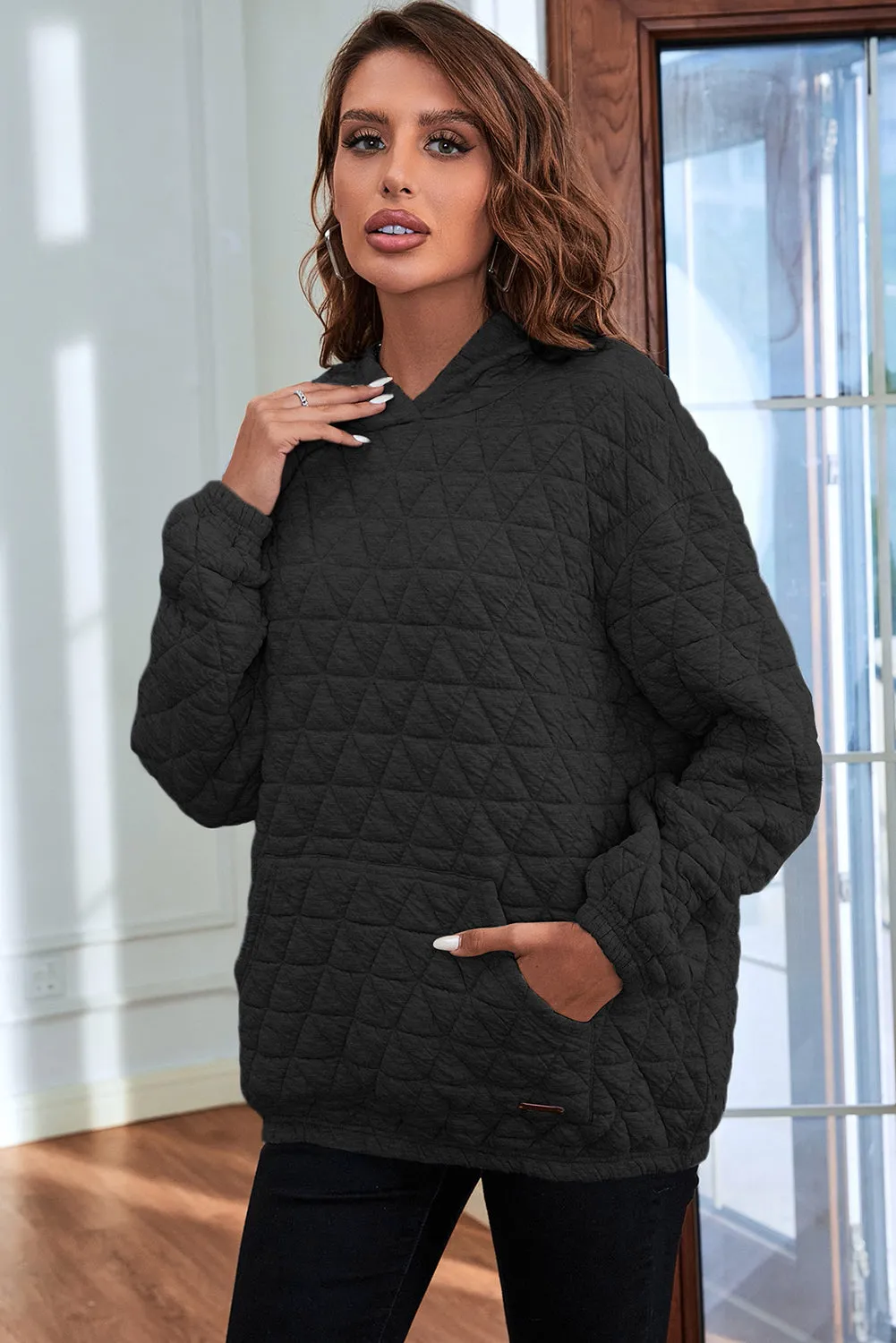 Black Quilted Kangaroo Pocket Hoodie