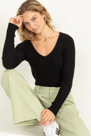 Black Ribbed V Neck L/S