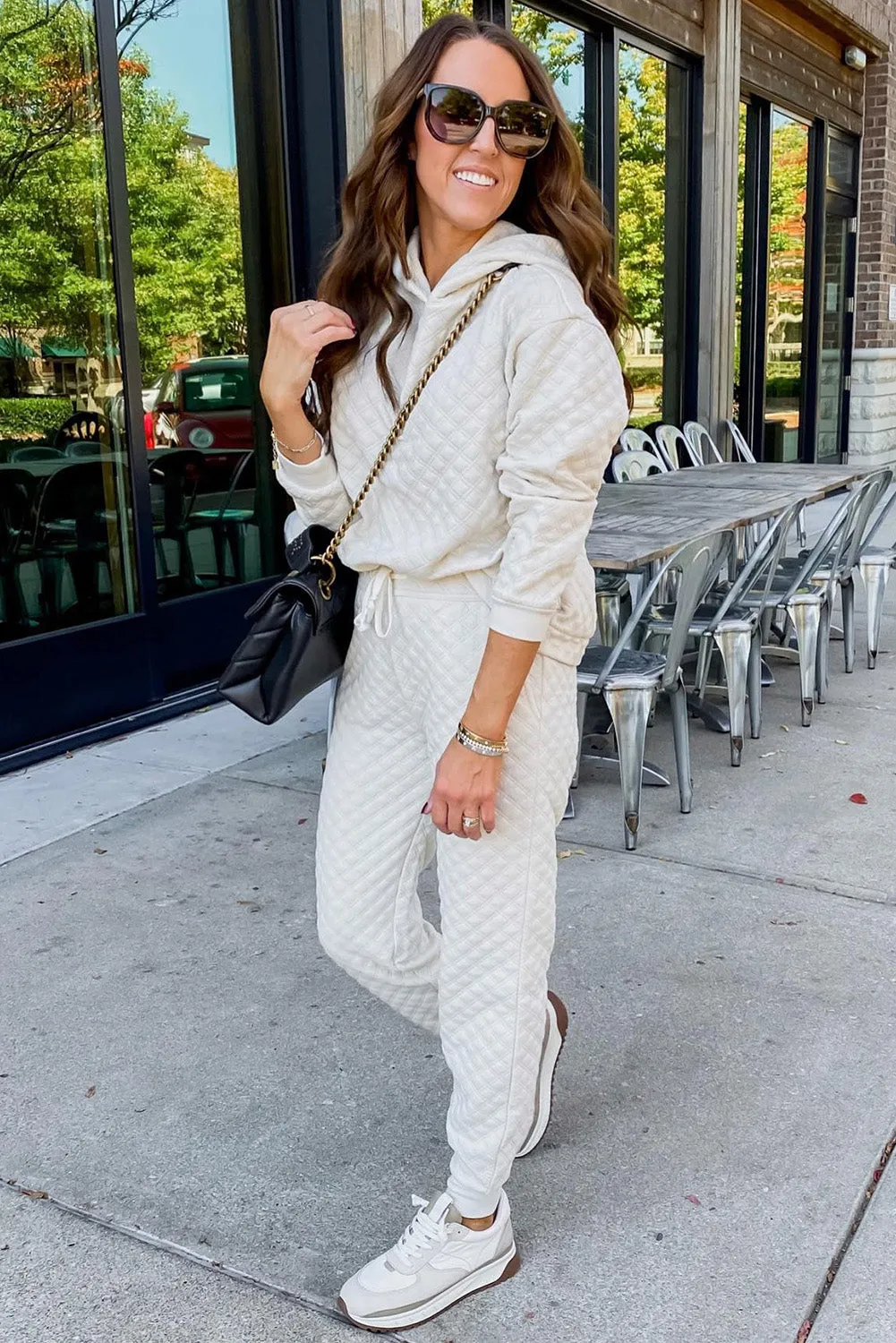 Bright White Quilted Hoodie and Sweatpants Two Piece Set