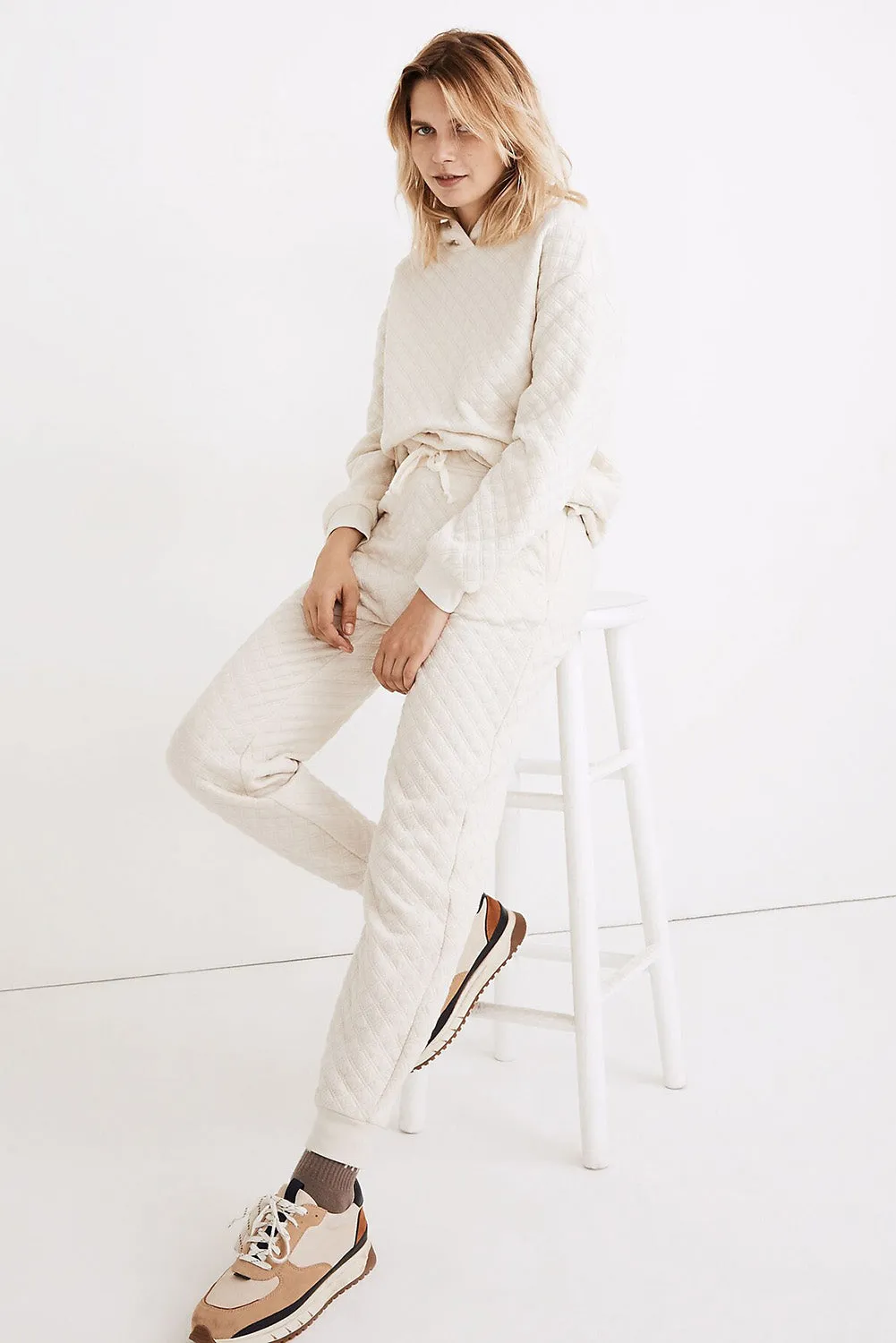 Bright White Quilted Hoodie and Sweatpants Two Piece Set