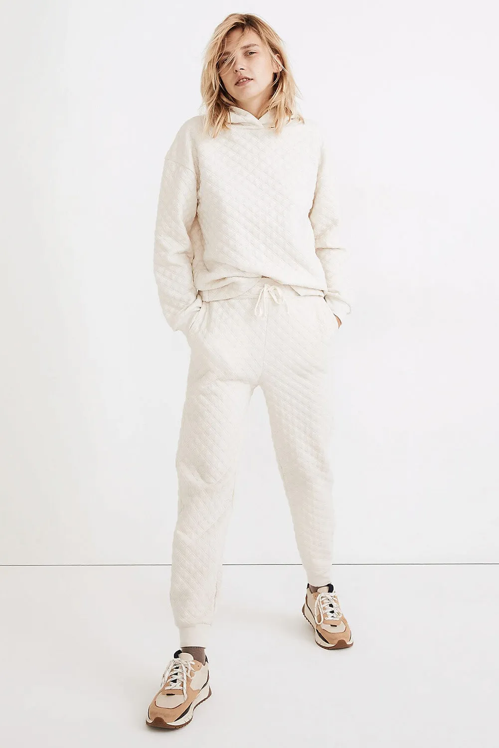 Bright White Quilted Hoodie and Sweatpants Two Piece Set