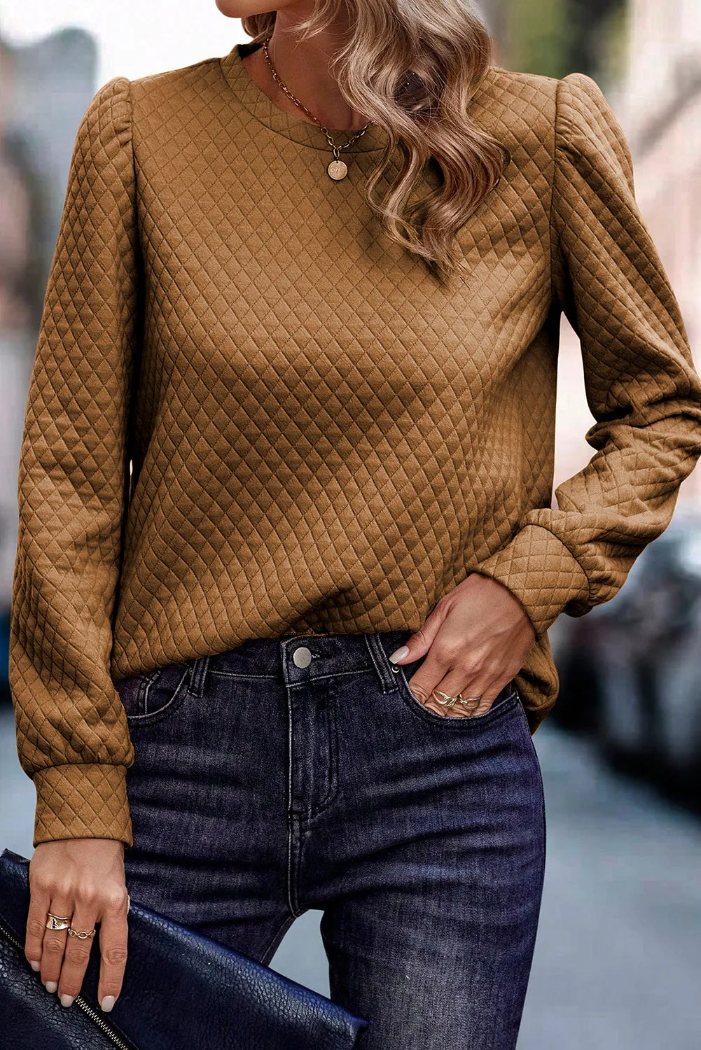 Brown Quilted Puff Sleeve Pullover Sweatshirt