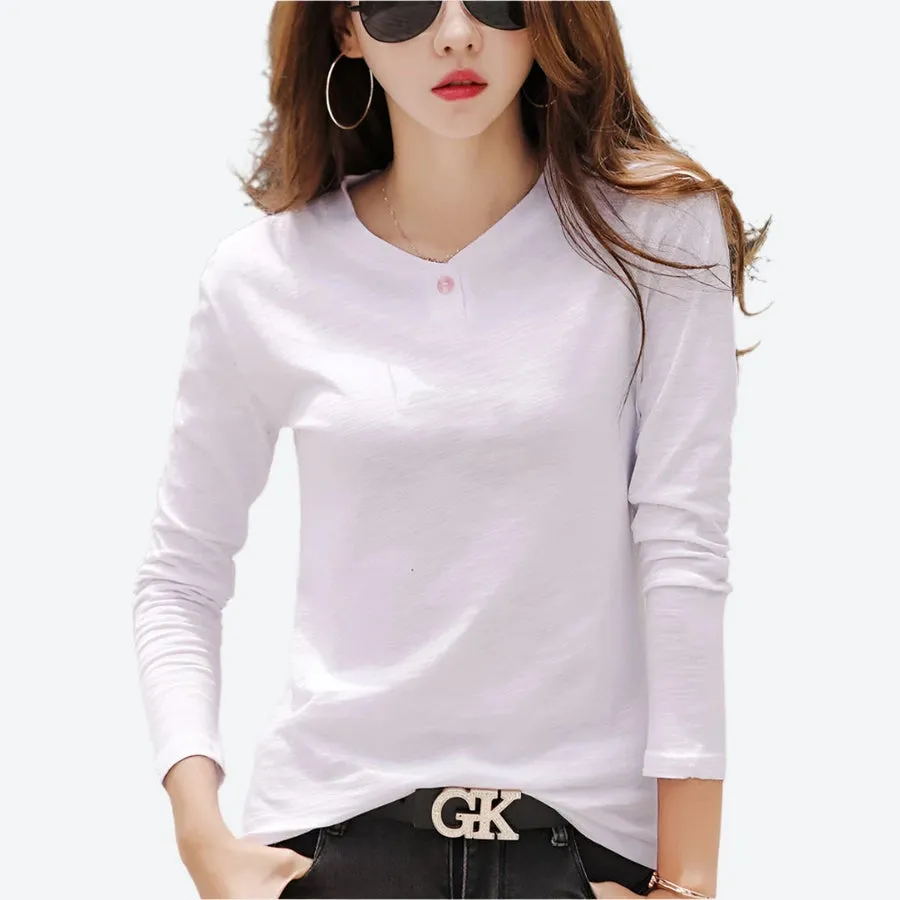 Buttoned V-Neck Long-Sleeve Casual Tops