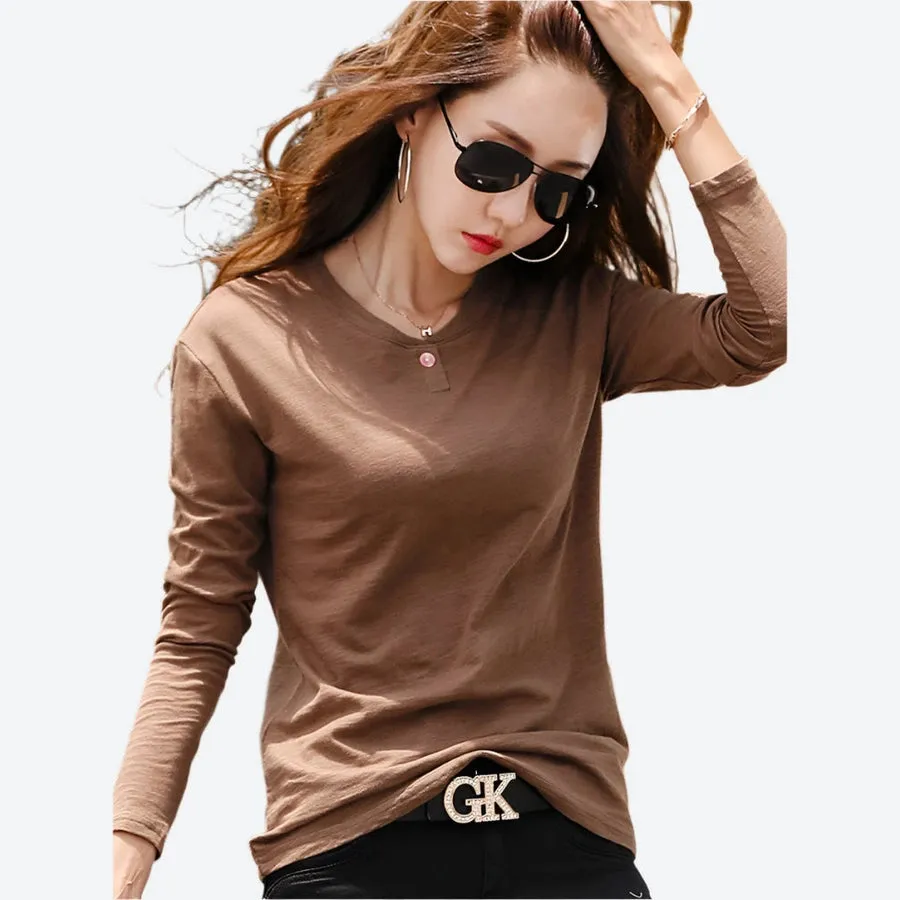 Buttoned V-Neck Long-Sleeve Casual Tops