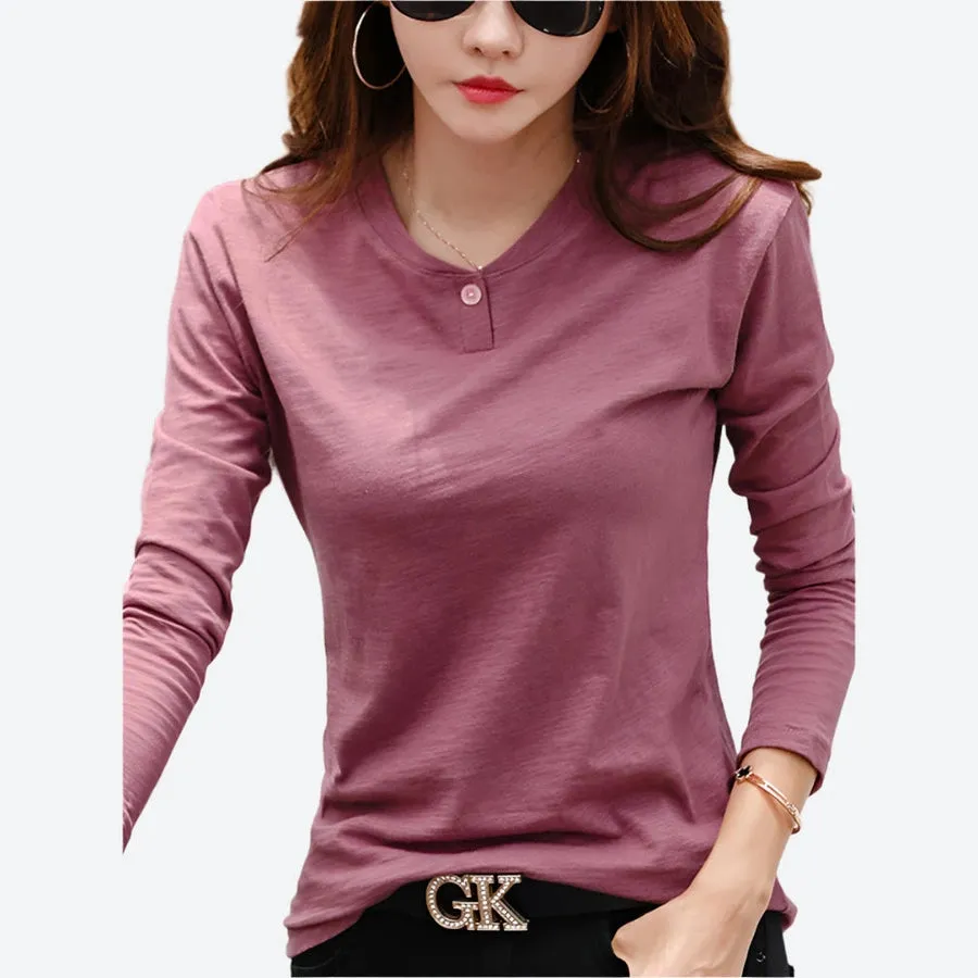 Buttoned V-Neck Long-Sleeve Casual Tops
