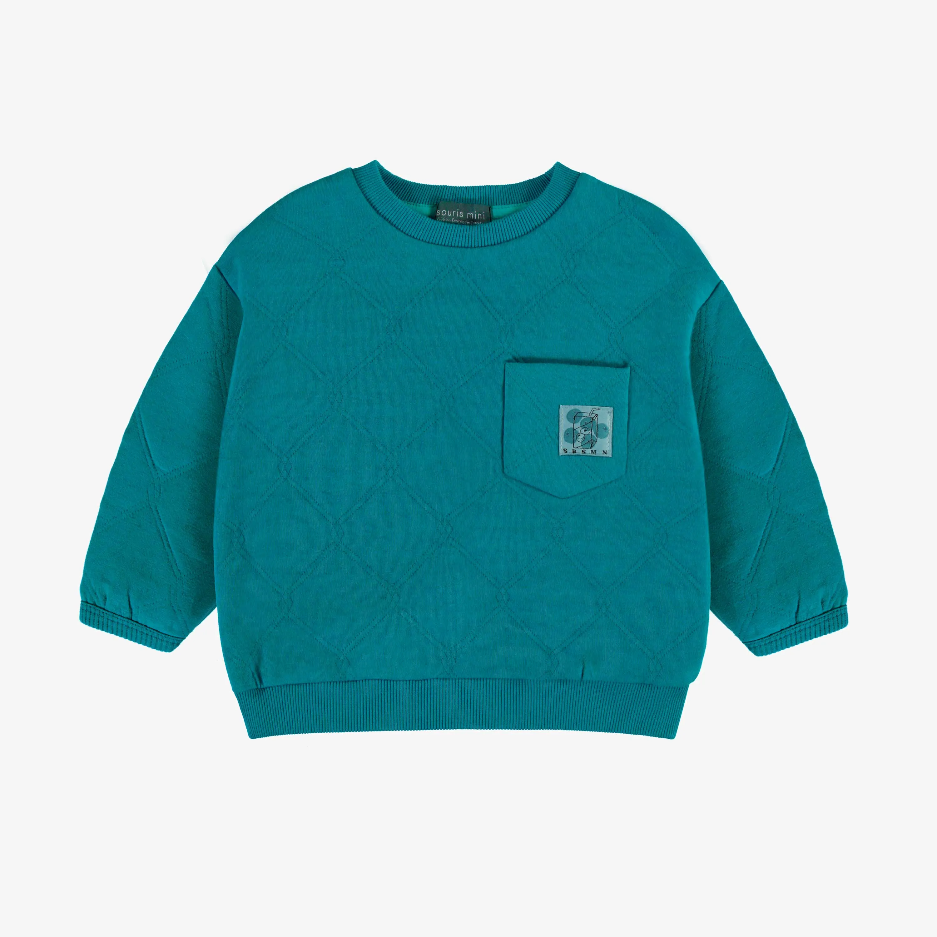 Chandail turquoise en jersey matelassé, bébé || Turquoise quilted jersey sweater, baby