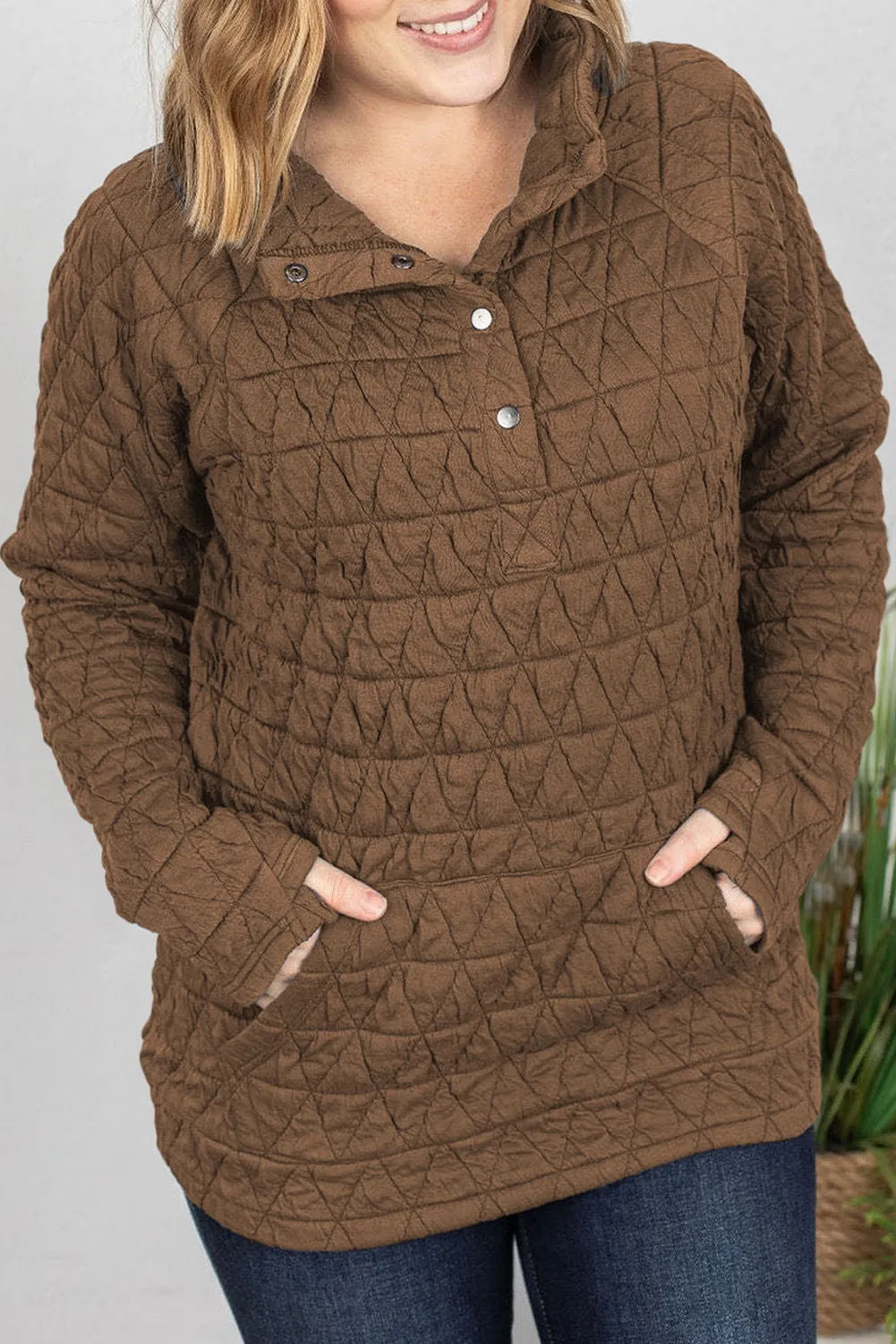 Chestnut Quilted Button High Neck Thumbhole Sleeve Sweatshirt