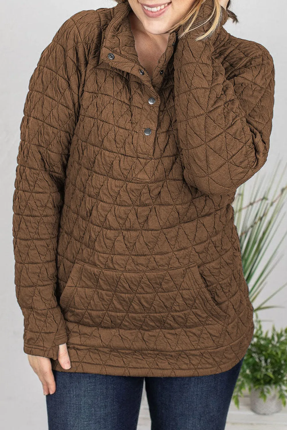 Chestnut Quilted Button High Neck Thumbhole Sleeve Sweatshirt
