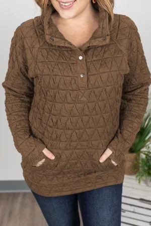 Chestnut Quilted Button High Neck Thumbhole Sleeve Sweatshirt