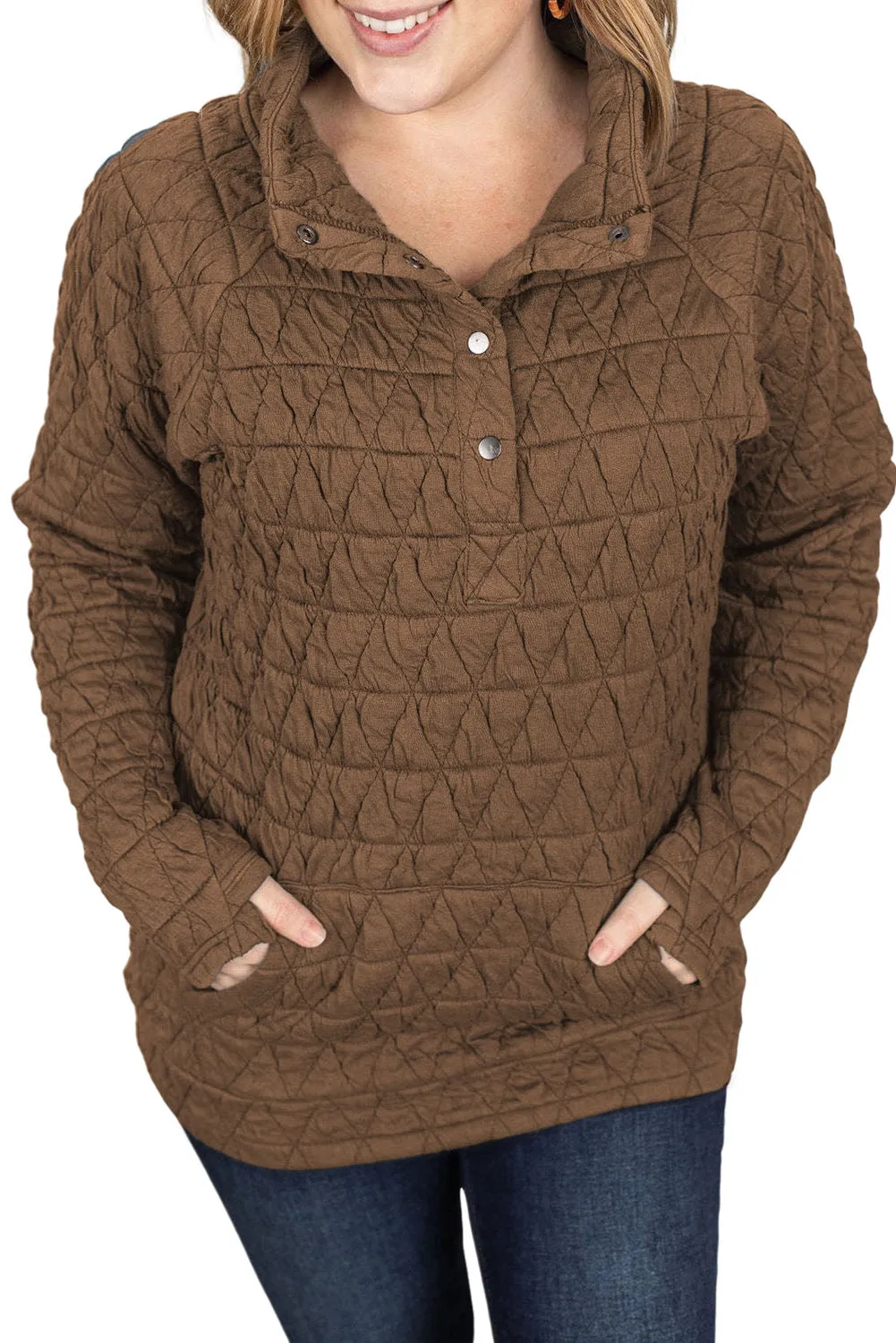 Chestnut Quilted Button High Neck Thumbhole Sleeve Sweatshirt