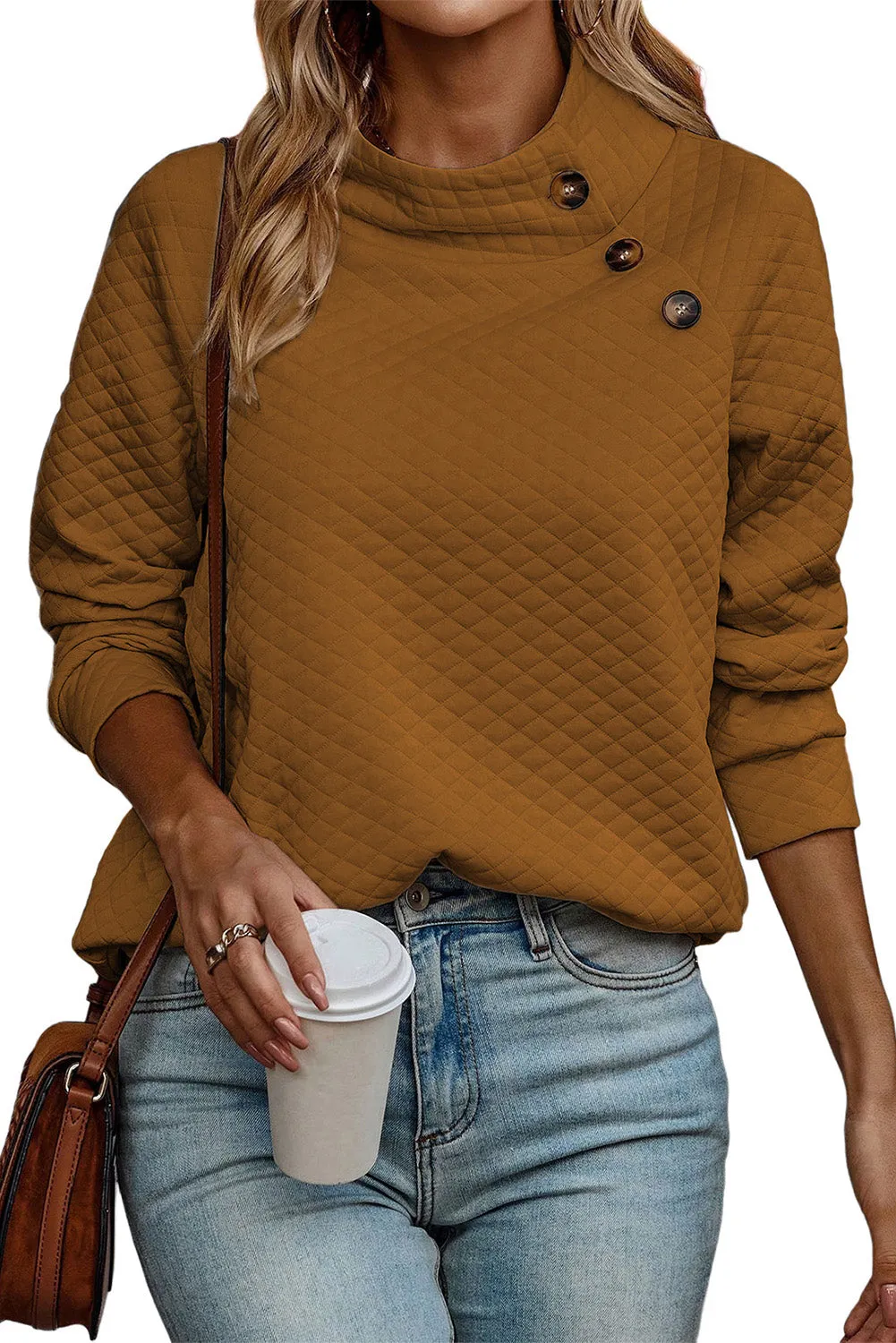 Chestnut Quilted Buttoned Round Neck Pullover Sweatshirt