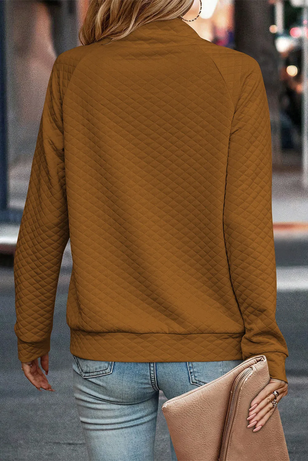Chestnut Quilted Buttoned Round Neck Pullover Sweatshirt