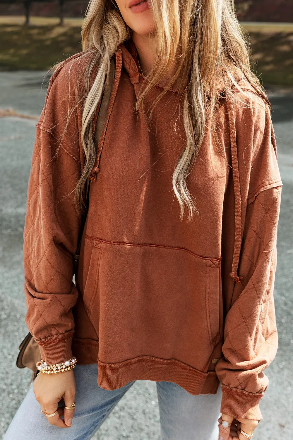 Chestnut Quilted Patchwork Exposed Seam Hoodie