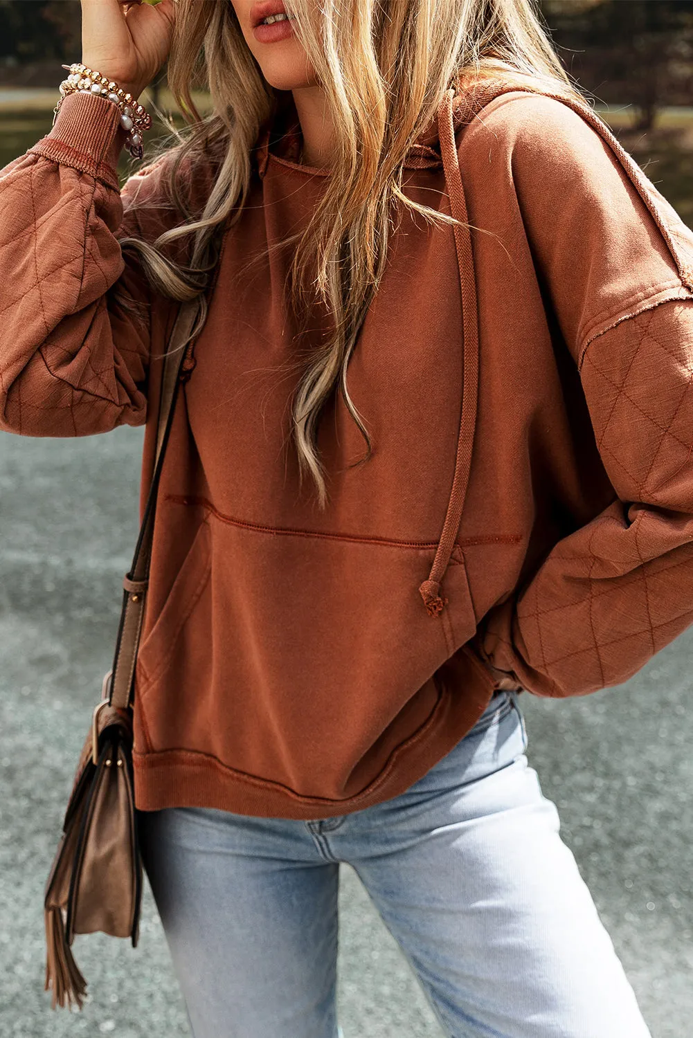 Chestnut Quilted Patchwork Exposed Seam Hoodie