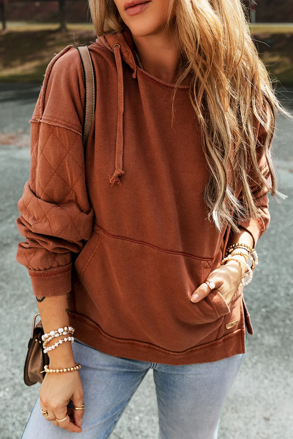 Chestnut Quilted Patchwork Exposed Seam Hoodie