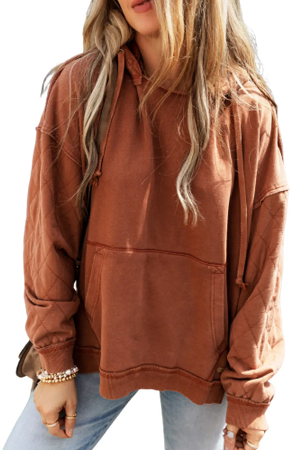 Chestnut Quilted Patchwork Exposed Seam Hoodie