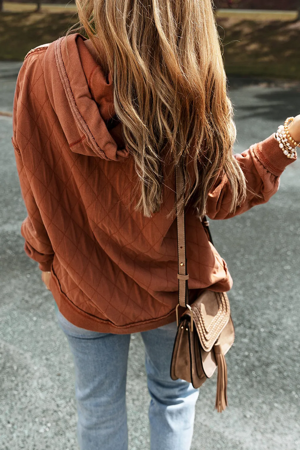 Chestnut Quilted Patchwork Exposed Seam Hoodie