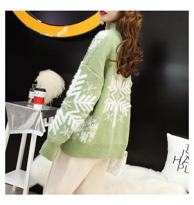 Christmas Snowflake High Neck Knitting Women Sweaters