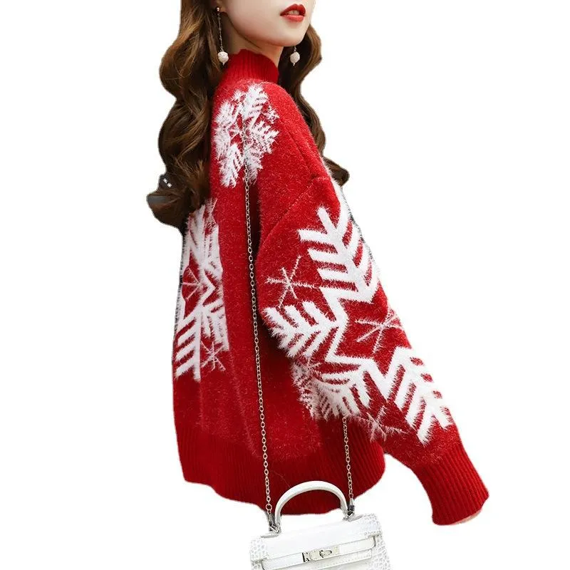 Christmas Snowflake High Neck Knitting Women Sweaters