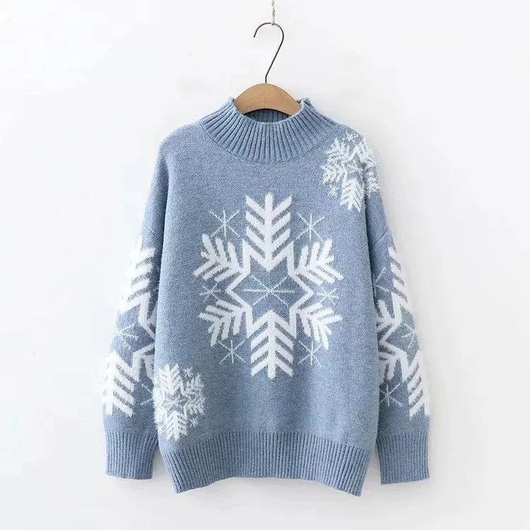 Christmas Snowflake High Neck Knitting Women Sweaters