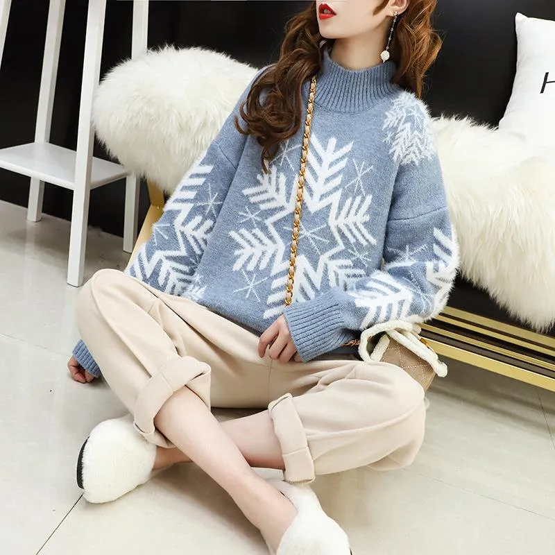 Christmas Snowflake High Neck Knitting Women Sweaters