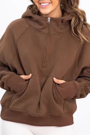Coffee Kangaroo Pocket Half Zipper Loose Fit Hoodie