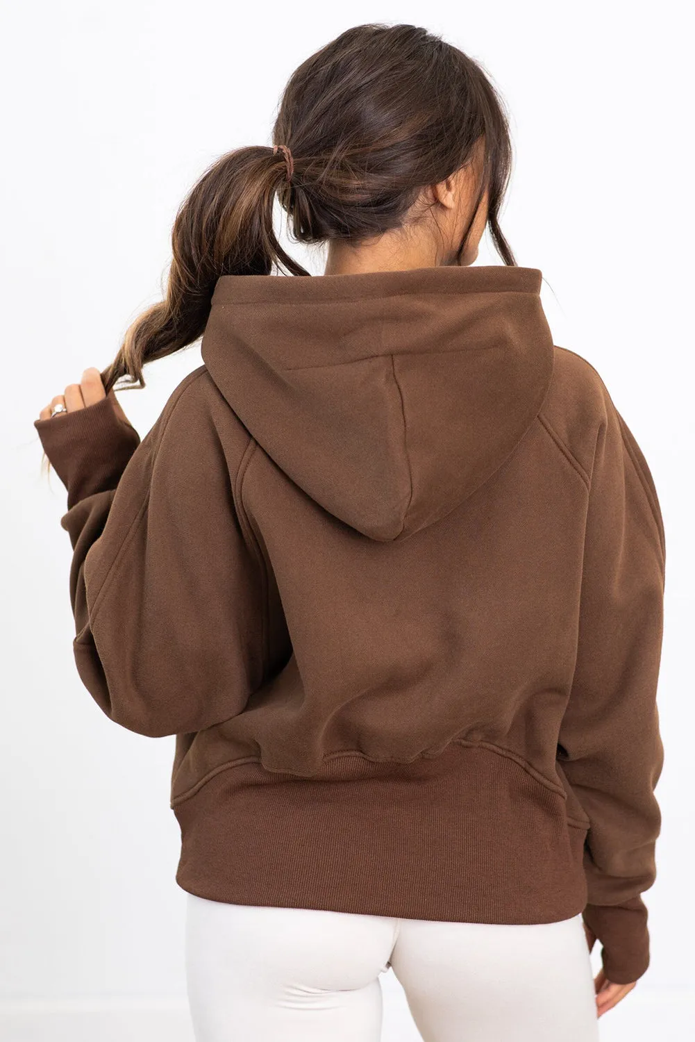 Coffee Kangaroo Pocket Half Zipper Loose Fit Hoodie
