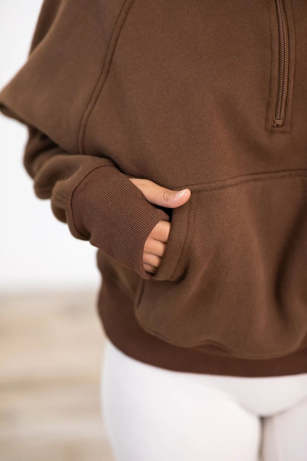 Coffee Kangaroo Pocket Half Zipper Loose Fit Hoodie